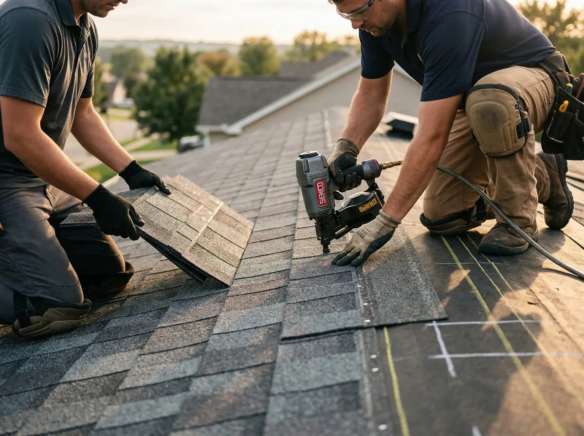 Professional roofer working on a residential roof in University